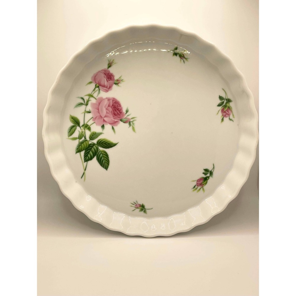 Christineholm Porcelain Quiche Tart Dish Pink‎ Rose Floral Fluted White Round